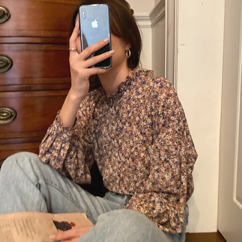 2021 Весенняя женская Новая Винтажная шифоновая блузка с принтом рубашка в