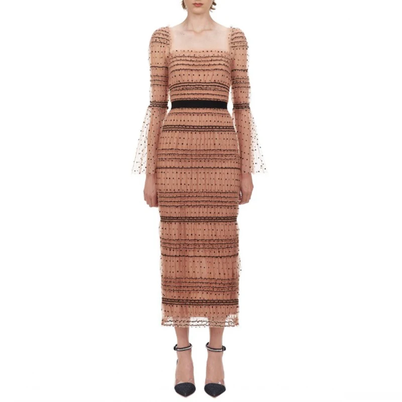 Винтажный Розовый Узор в горошек узкие длинные вечерние платья для женщин Осень