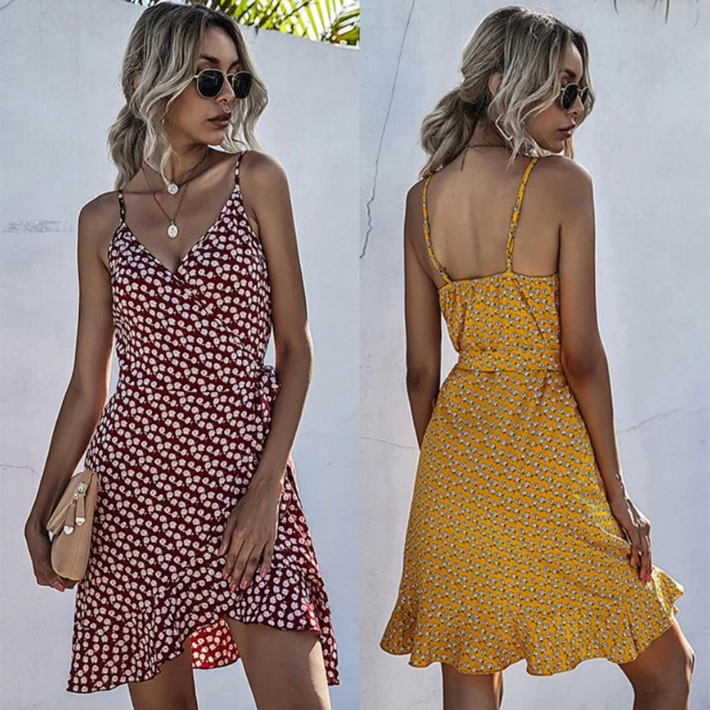 

Женское платье-миди с цветочным принтом, V-образным вырезом и воланом