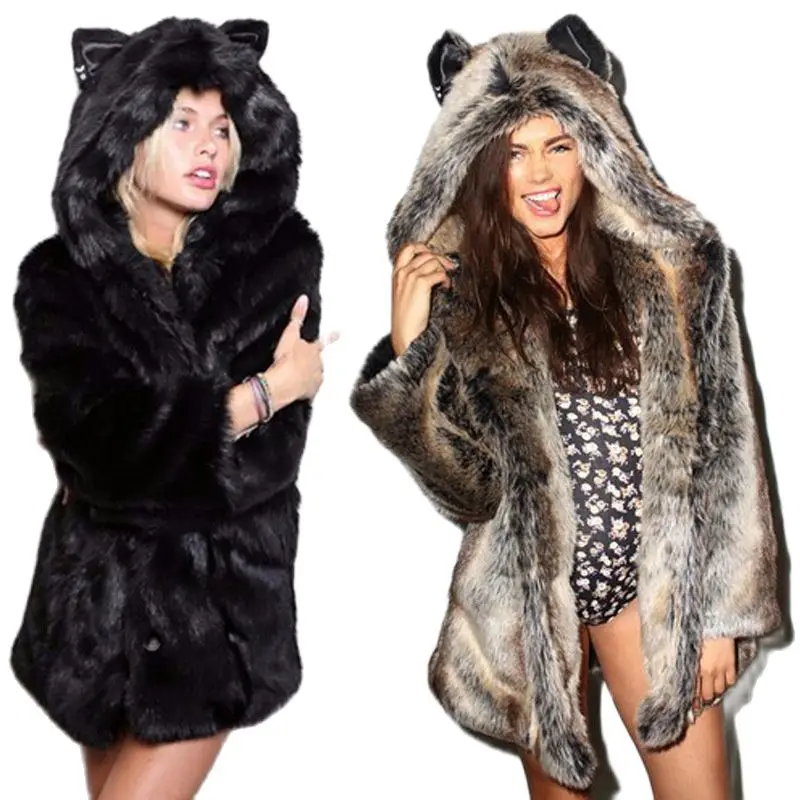 Женское длинное пальто с капюшоном зимнее искусственное | Женская одежда