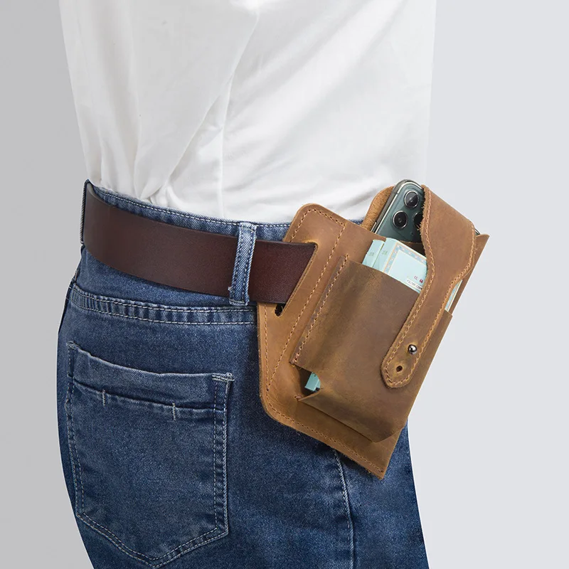 

SIMLINE Genuine Leather Cellphone Waist Bag For Men Male Vintage Outdoor Working Small Mobile Phone Cigarette Case Holder Pouch