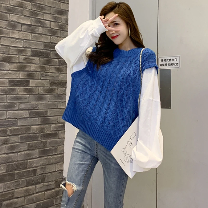 

Cotday Blue O Neck Hemp Flowers Loose For Women Korean Autumn Knitted Winter 2021 Tops Hot Sale Long Sleeve Pullover Sweater