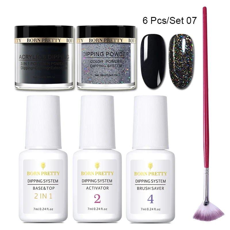 6PCS Set 7 BORN PRETTY погружение ногтей порошок Набор база и Топ 2 в 1 гель голографический натуральный сухой активатор градиент французский без лампы лечения - Цвет: 6PCS Set 7