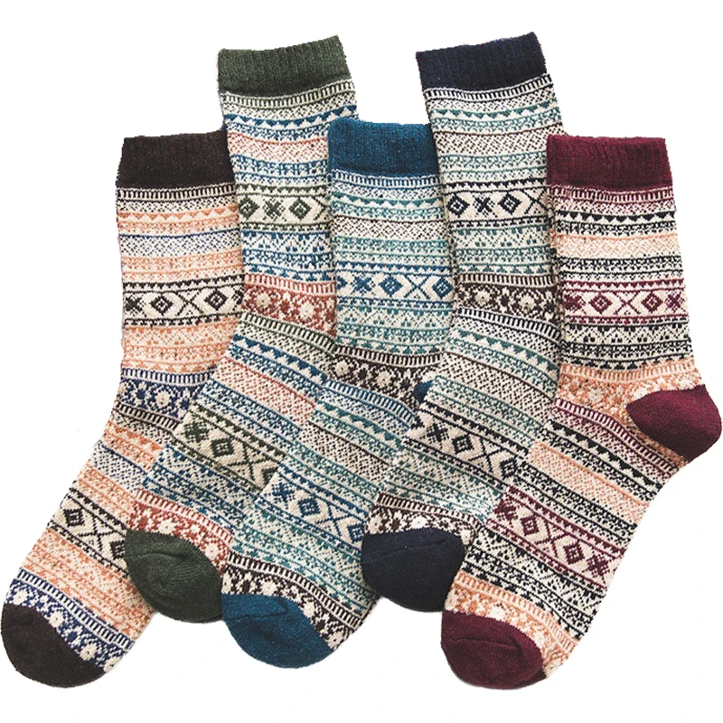 

DOYOULOVE Men's Wool Socks Winter Warm Retro National Style Small Square For Snow Stay Designer Gift High Casual Fashion 5 Pairs