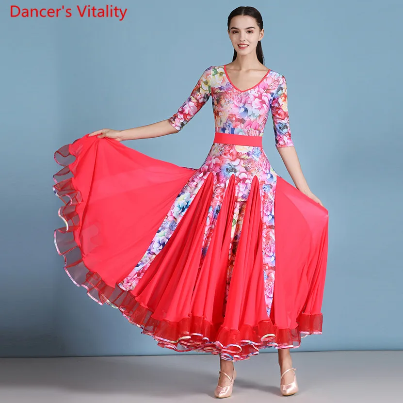 

Adult Modern Dance Mesh Splicing Printing Dress Ballroom National Standard Waltz Jazz Dancing Competition Performance Outfits