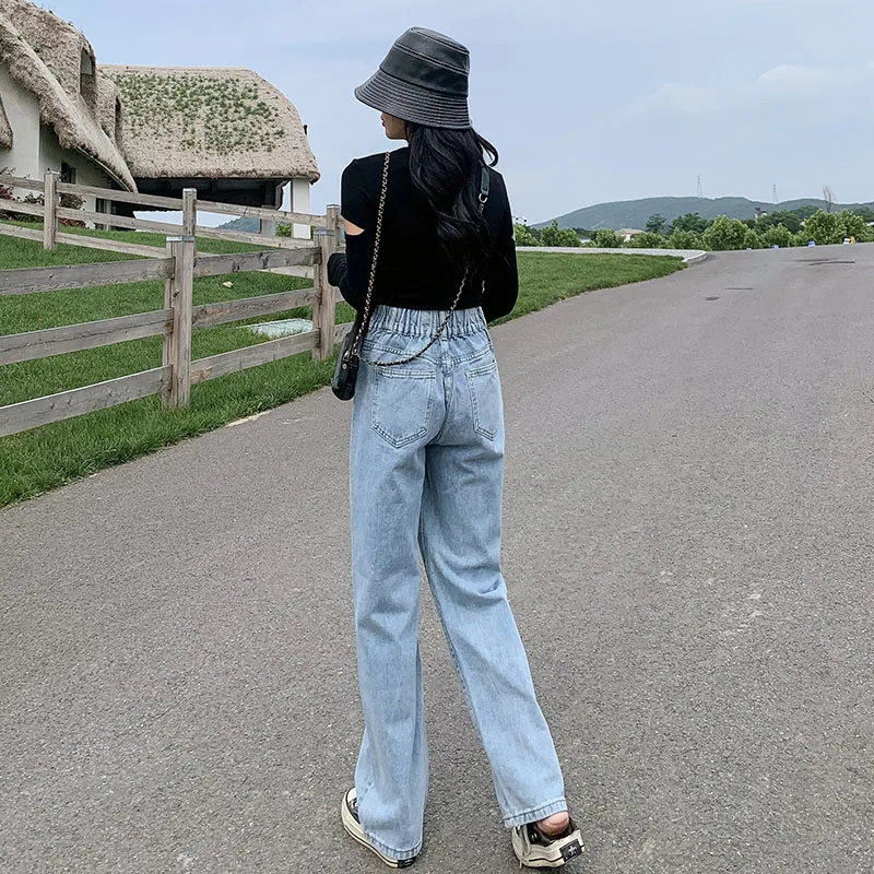 

TongSiHai Jeans for Women Ladies Fashion High Waist Straight Wide Leg Denim Pants Girl Light Blue Jean Streetwear Vaqueros Mujer