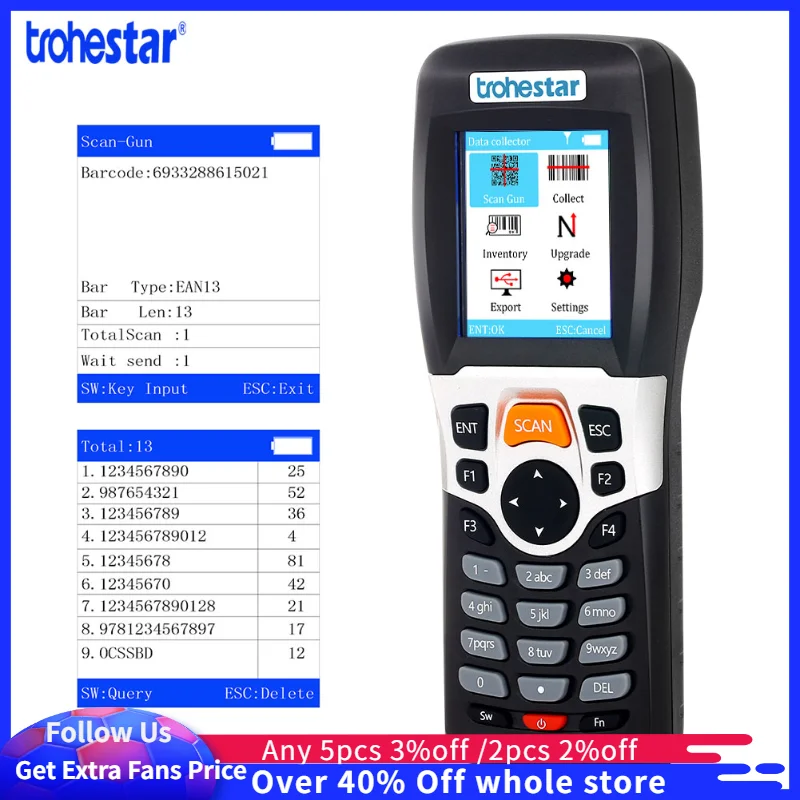 

Trohestar Wireless Barcode Scanner 1D 2D QR Bar Code Reader PDF417 Handheld Inventory Counter Data Collector Bar Code Scanners