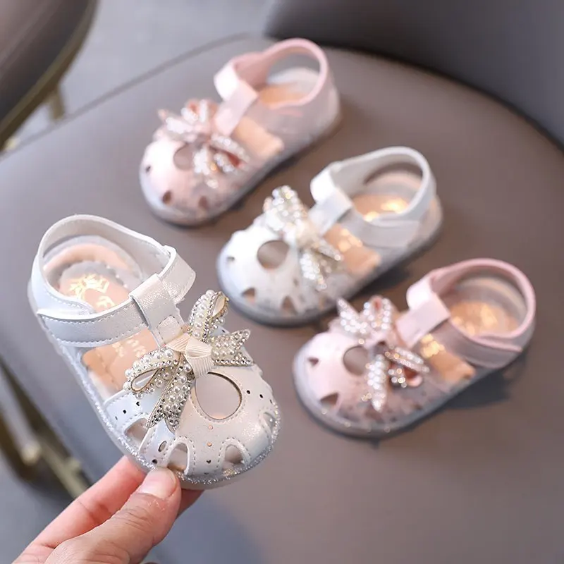 

High Quality Lovely Anti-collision Toddler Sandals Girls Bowtie Pearls Soft Sole 0-3 Years Old Kids Shoes T21N04LS-05