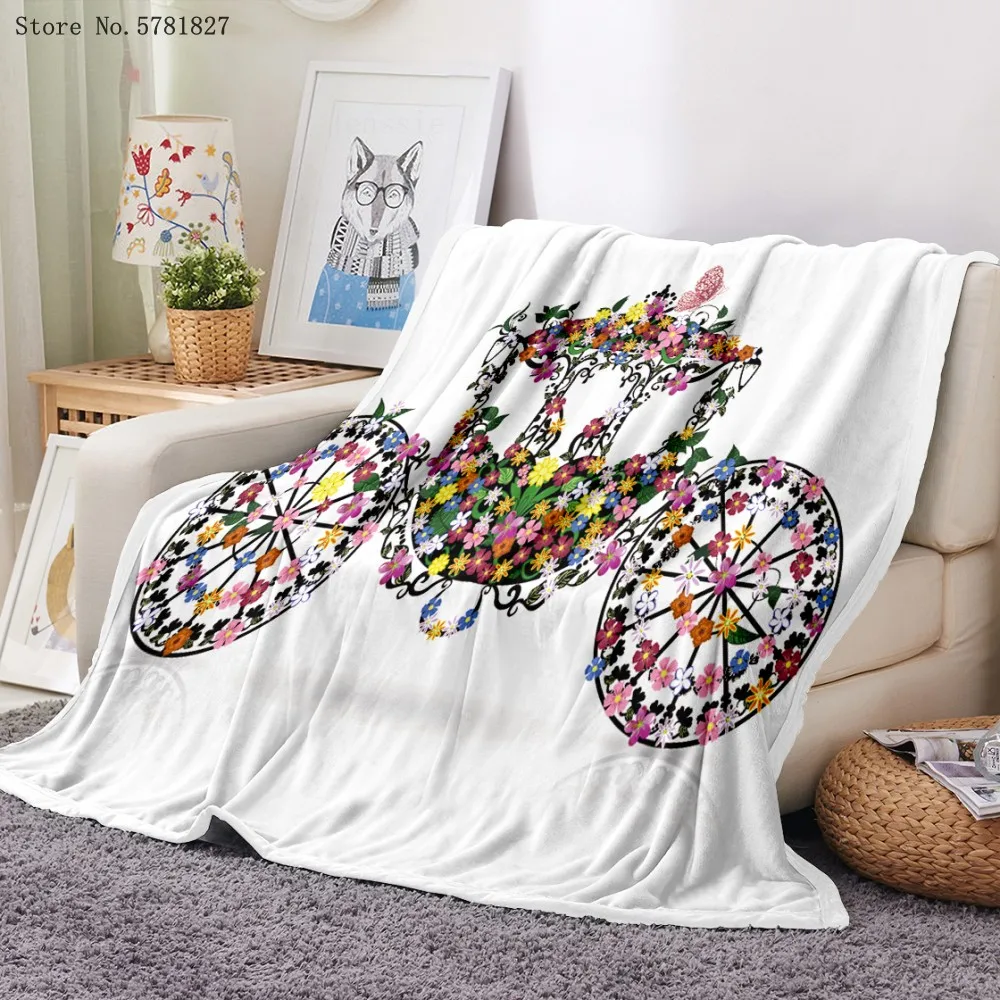 ?? 自転車花フランネル毛布3D印刷美人フリース毛布カスタム漫画家毛布昼寝オフィススローブランケット