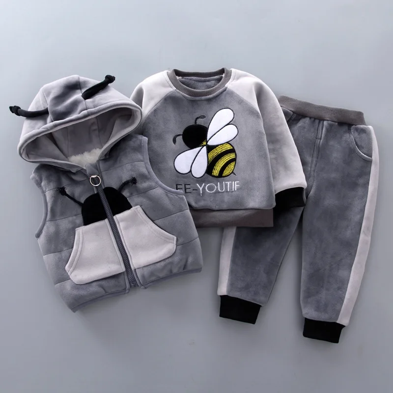 

New 0-4 Year Old Children's Winter Clothes Bee Plus Velvet Thickening Boy Baby Suit Infant Children's Sweater Suit