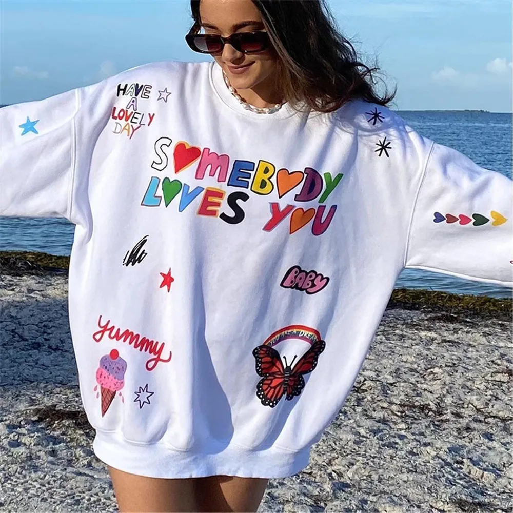 

Women Casual Thicken Loose Long Sweatshirt Warm Kawaii Cartoon Letter Print Long Sleeve Round Neck Pullover Top Autumn Winter