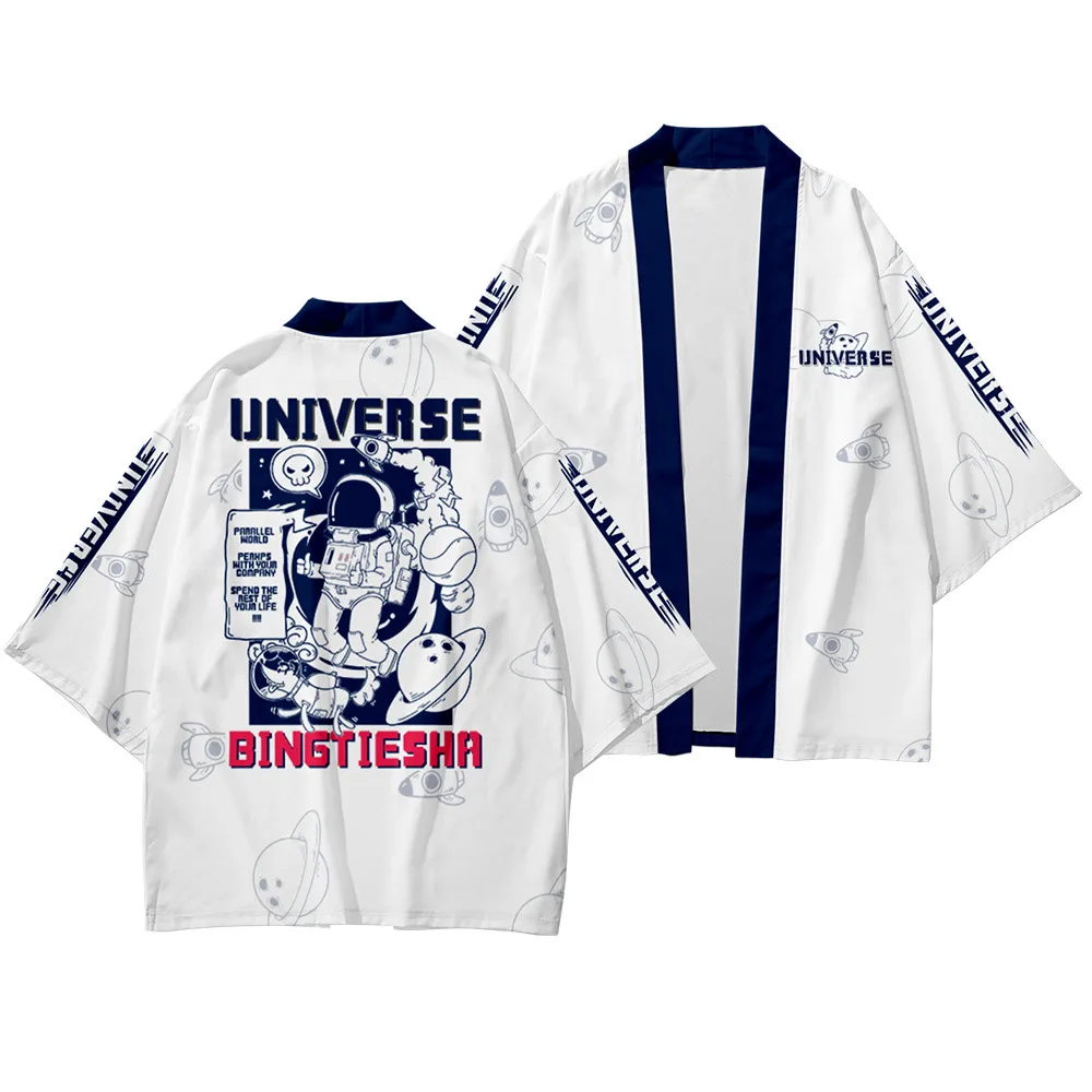 

Plus Size 6XL Men Cosplay Yukata Tops Pants Set Japanese Streetwear Samurai Harajuku White Astronuat Print Kimono Cardigan