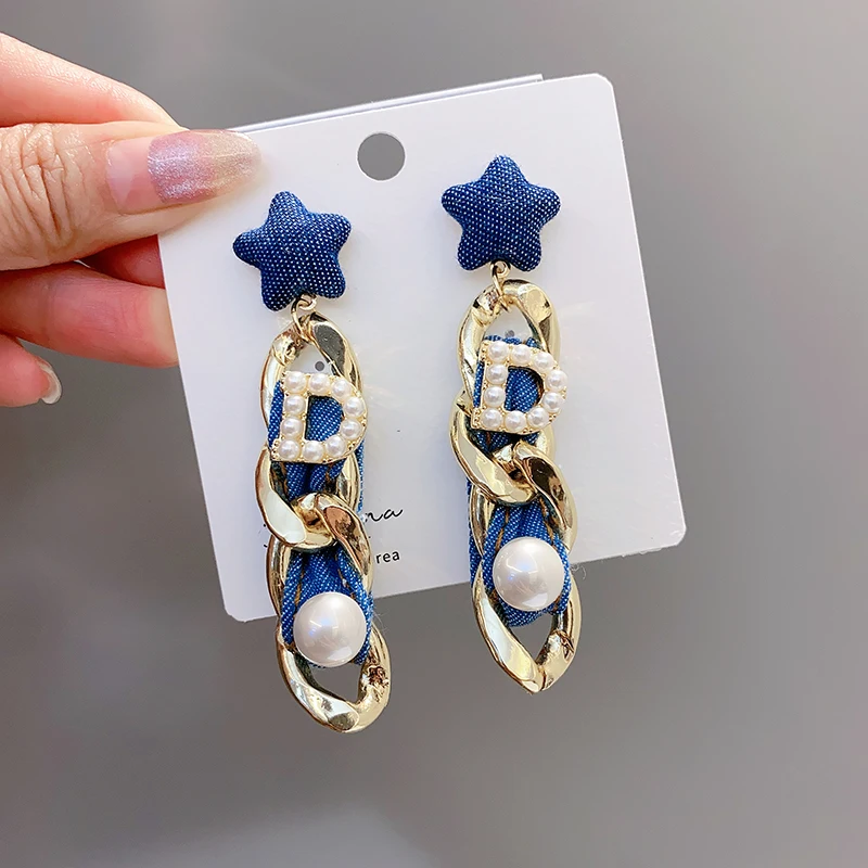 

Drop Star Earrings for Women Meat Chain Blue Pearl Denim Luxury Long Dangle Earings Fashion Jewelry 2020 Wholesale