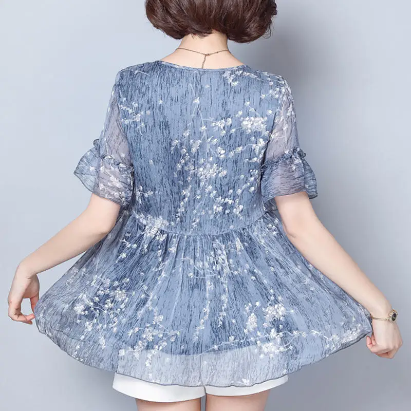 

Fashion Chiffon Blouse Women Elegant Loose Plus Size Print Tops Female Streetwear Short Sleeve Shirt Ladies Blusas Mujer Q4310