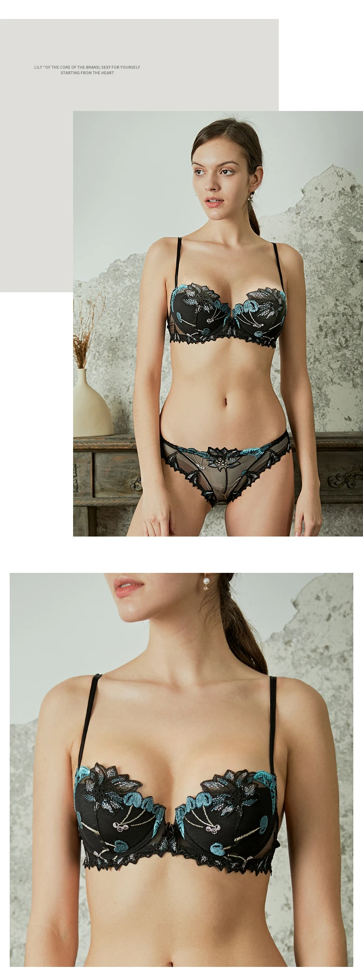 LILIMODA женский сексуальный удобный тонкий хлопковый бюстгальтер, наборы бюстгальтеров с цветочной кружевной вышивкой на косточках, нижнее белье синего цвета