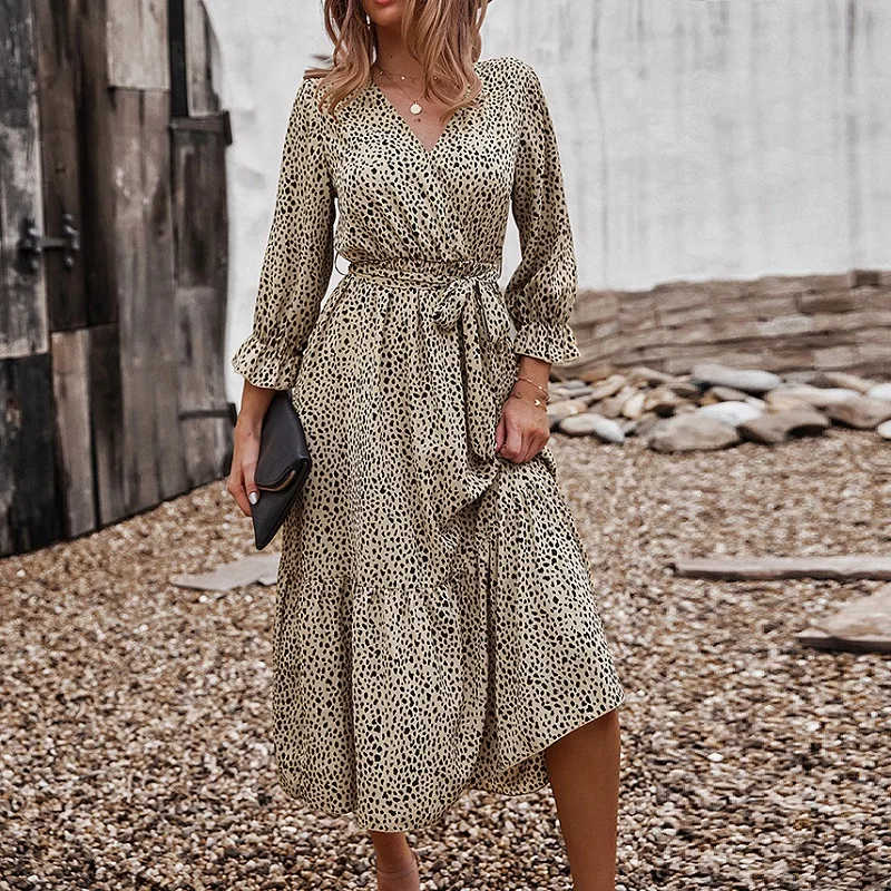 

Женские повседневные праздничные платья, осень 2021, новинка, Лидер продаж, платье с V-образным вырезом и широкой юбкой, на шнуровке, с леопардо...