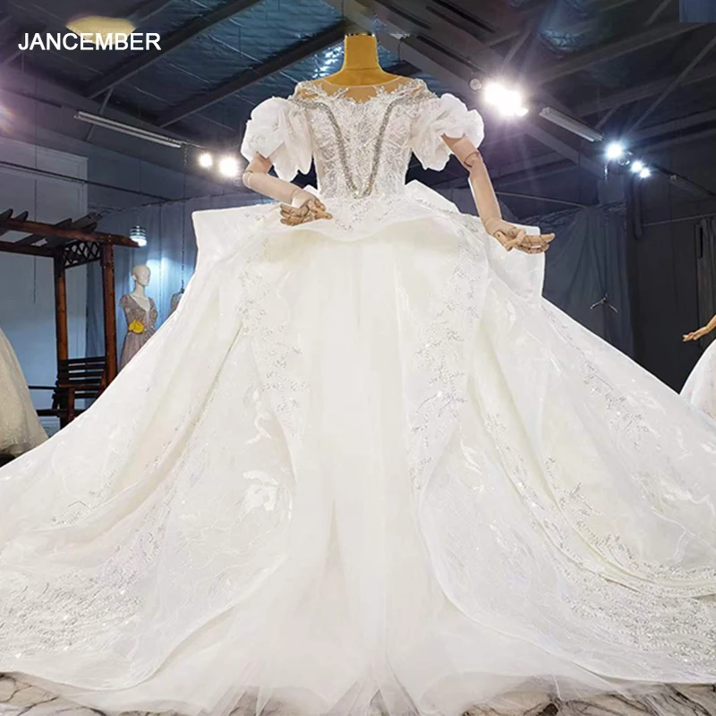 

HTL2085 Sexy V-Neck Ball-Gown Beaded Crystal Luxury Sequined Wedding Dress 2021 Lace Up Back Short Puff Sleeve