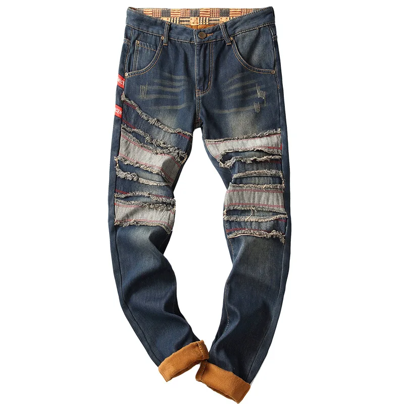

Синие рваные джинсы в стиле ретро с нашивками и эффектом потертости, облегающие теплые джинсовые прямые брюки, зима 2020, красивая мужская оде...