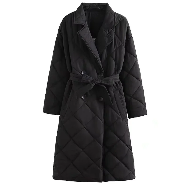 

Женская модная парка с карманами, свободная длинная стеганая куртка, винтажная двубортная женская верхняя одежда с длинным рукавом и поясом для женщин