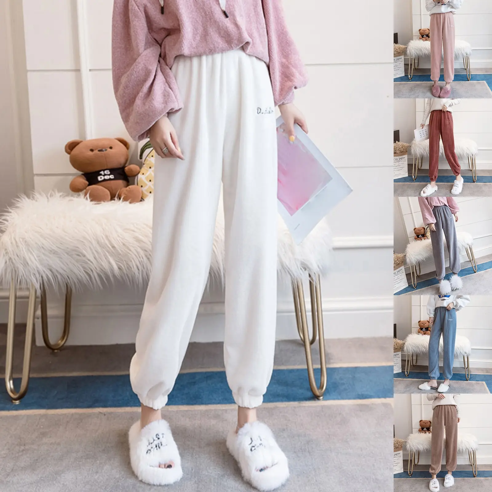 

Women Pajama Pants Elastic Waist Home Casual Warm Pants Trousers For Women 2020 Winter Fashion Solid Color Pants Female Trousers