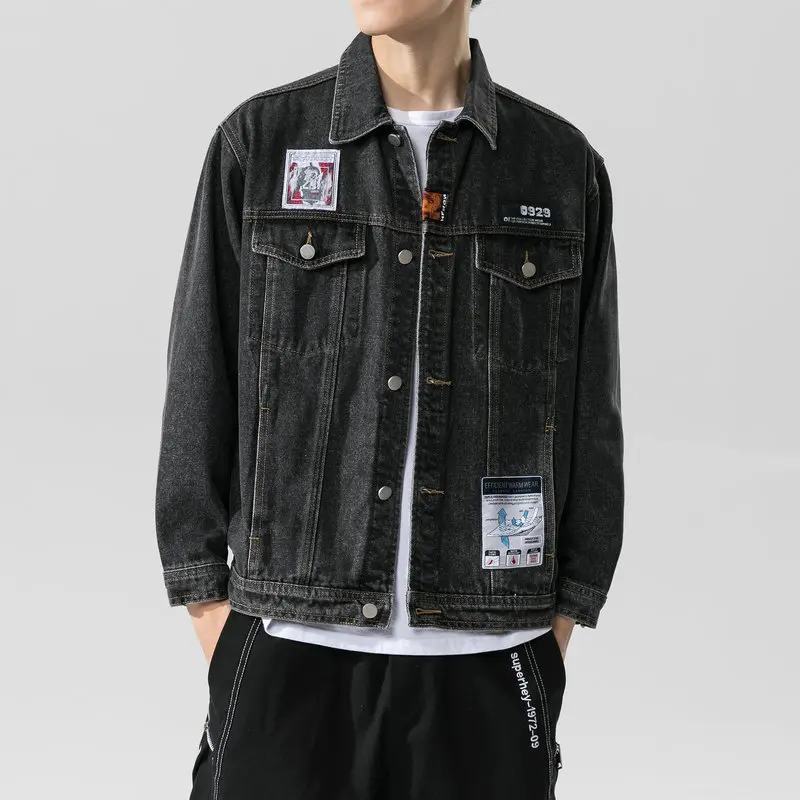 

Black Denim coat men's spring and autumn coat Korean fashion loose high street handsome youth jacket