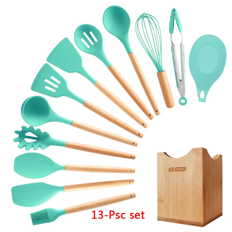 13- kitchen set Набор для кухни, 11/12 предметов. силиконовых кухонный набор, антипригарная, деревянная, ручка, набор кухонных инструментов, набор кухонных принадлежностей, c держателем коробка, для готовки,кухонная утварь - Цвет: 13- kitchen set