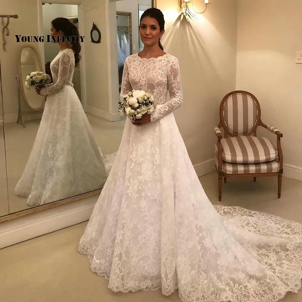 

Elegant A Line Wedding Dresses 2023 Long Sleeves Bridal Gown Illusion Back Scoop Court Train Applique White Plus Size Bride