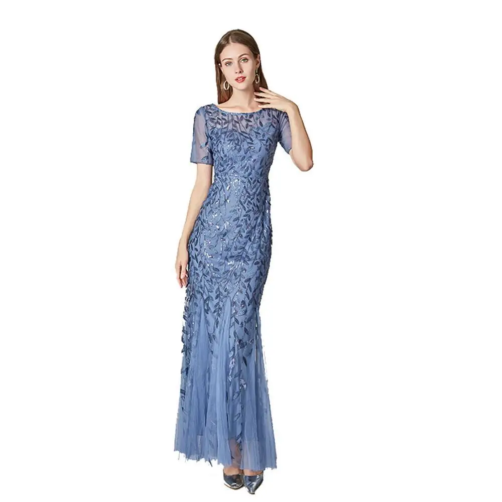 

Short Sleeves Long Mermaid Evening Dresses Hot Fashion Plus Size Sequins Slim Formal Lady Evening Gown Prom Dress In Stock
