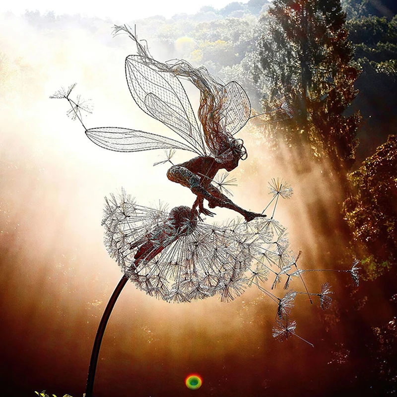 

Home Decor Dancing Fairy Statue Steel Wire Fairy Garden Sculpture Mythical Dandelion Fate Pixies Yard Decoration Accessories hot