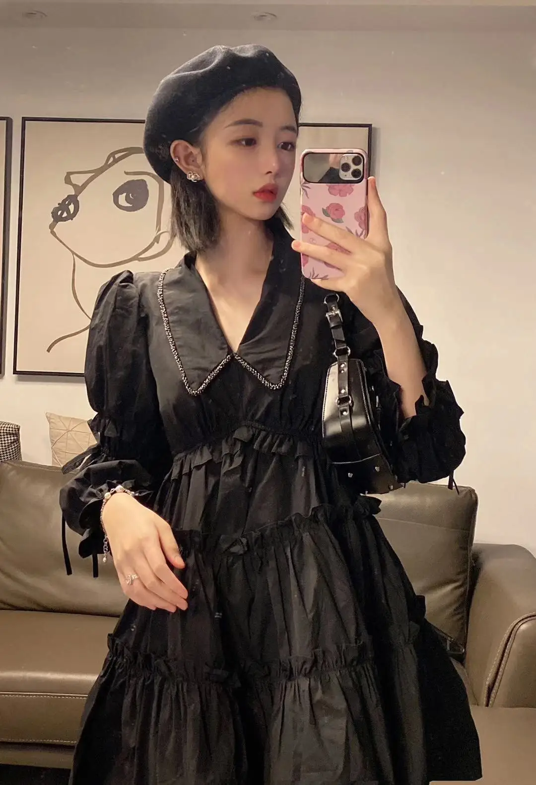 

Korean Chic Retro Gentle Girly Style Cute Youth-Looking Elegant Trim Doll Collar Loose Long Sleeve Dress Fashion
