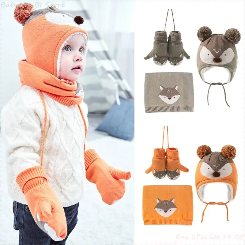 

1 Set Cute Baby Winter Hat Thicken Warmer Children Hat Glove Scarf Suits for Girls Boys Cartoon Knitted Kids for Newborn