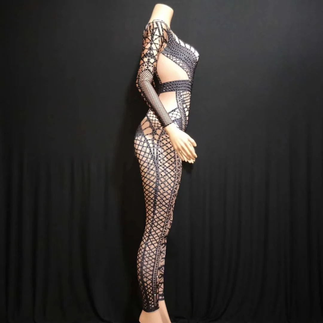 Женский комбинезон Стразы с длинным рукавом вечернее эластичное боди из
