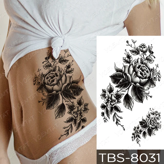 Waterproof Temporary Tattoo Sticker Flower Peony Rose Sketches Flash Tattoos Black Henna Body Art Arm Fake Tatoo Women Men 2