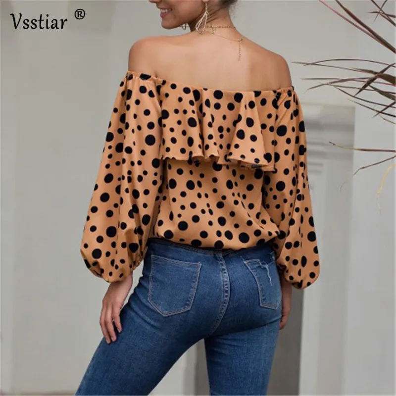 

Sexy Slash Neck Polka Dot Print Blouse Women Elegant Ruffles Long Lantern Sleeve Shirts Fashion Office Casual Ladies Blouses