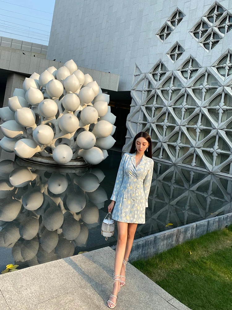 

New Elegant Small Fragrance V-neck Fashion Printing Korean Version Thin Coat Temperament Slim Dress
