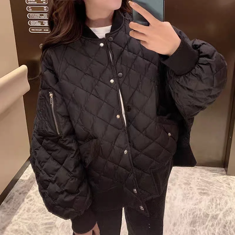 

Large Size Winter Coats Korean Casual Baseball Uniform Warm Cotton Jacket Women Stand-up Collar Black Down Padded Jackets D405