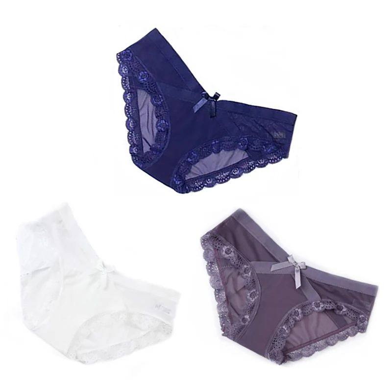 Blue Gray White 3 шт./компл. сексуальные кружевные женские трусики хлопковые белье прозрачные сетчатые трусы для девушек Красота лук с низкой посадкой, мужское нежнее бельё - Цвет: Blue Gray White