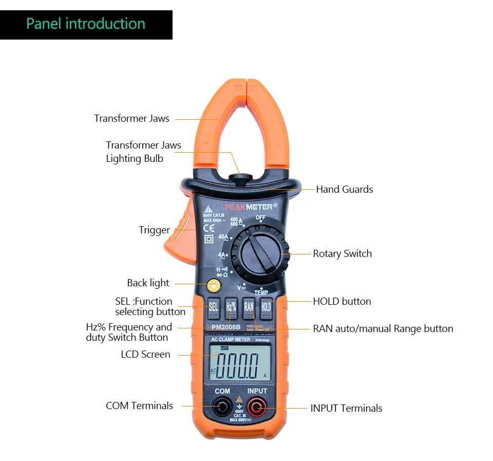PEAKMETER PM2008B Профессиональный автоматический цифровой ac Амперметр зажим metro равный 4000 отсчетов
