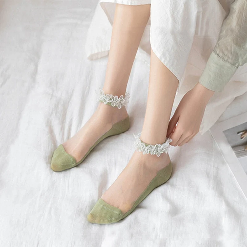 Ультра-белые милые прозрачные тюлевые короткие носки с рюшами для женщин и