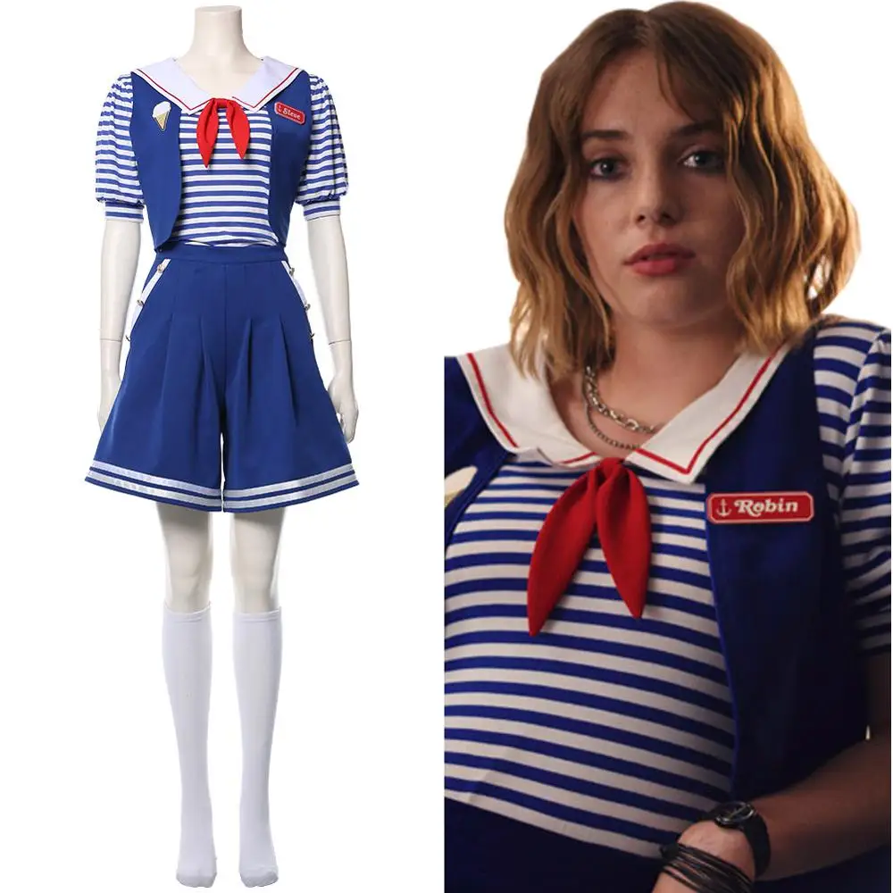 

Stranger Cosplay Things Robin Costume T Shirt Vest Scoops Ahoy Robin Uniform Sailor Suit Halloween Costume Waitress Clothes