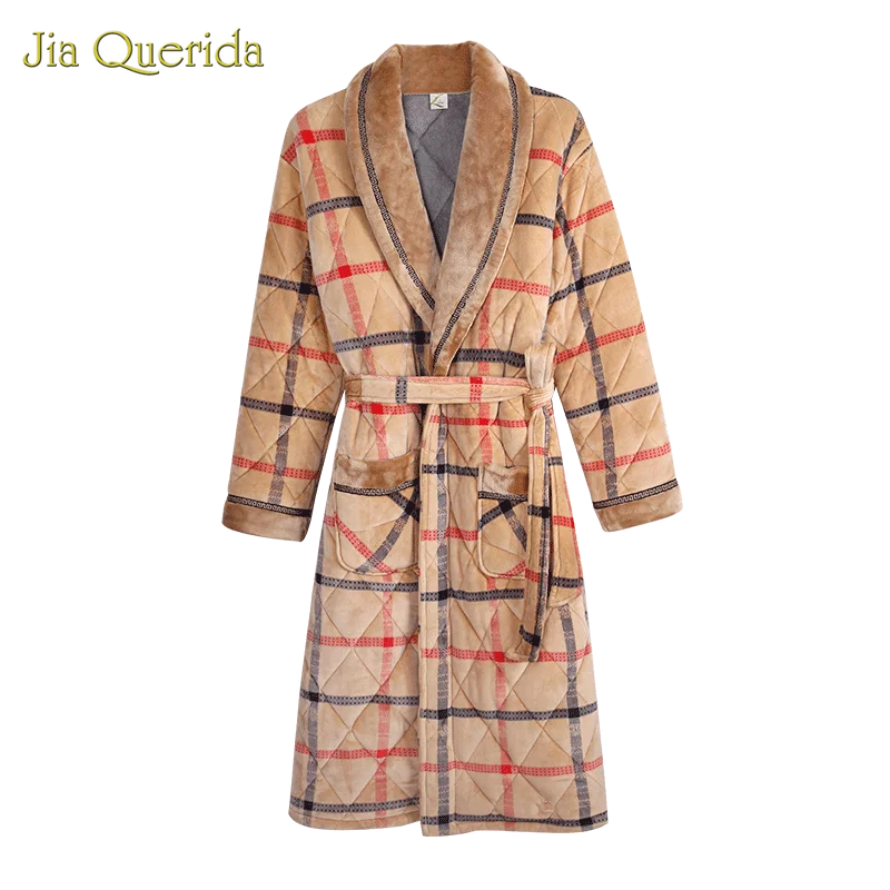 Мужской халат зимний теплый 3 слойный мягкий с длинным рукавом клетчатое