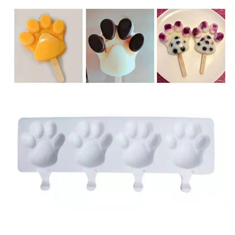 

4 Cell Big Size Silicone Ice Cream Popsicle Heart Cat's Paw Molds Homemade Dessert Freezer Fruit Juice Maker Mould with Sticks