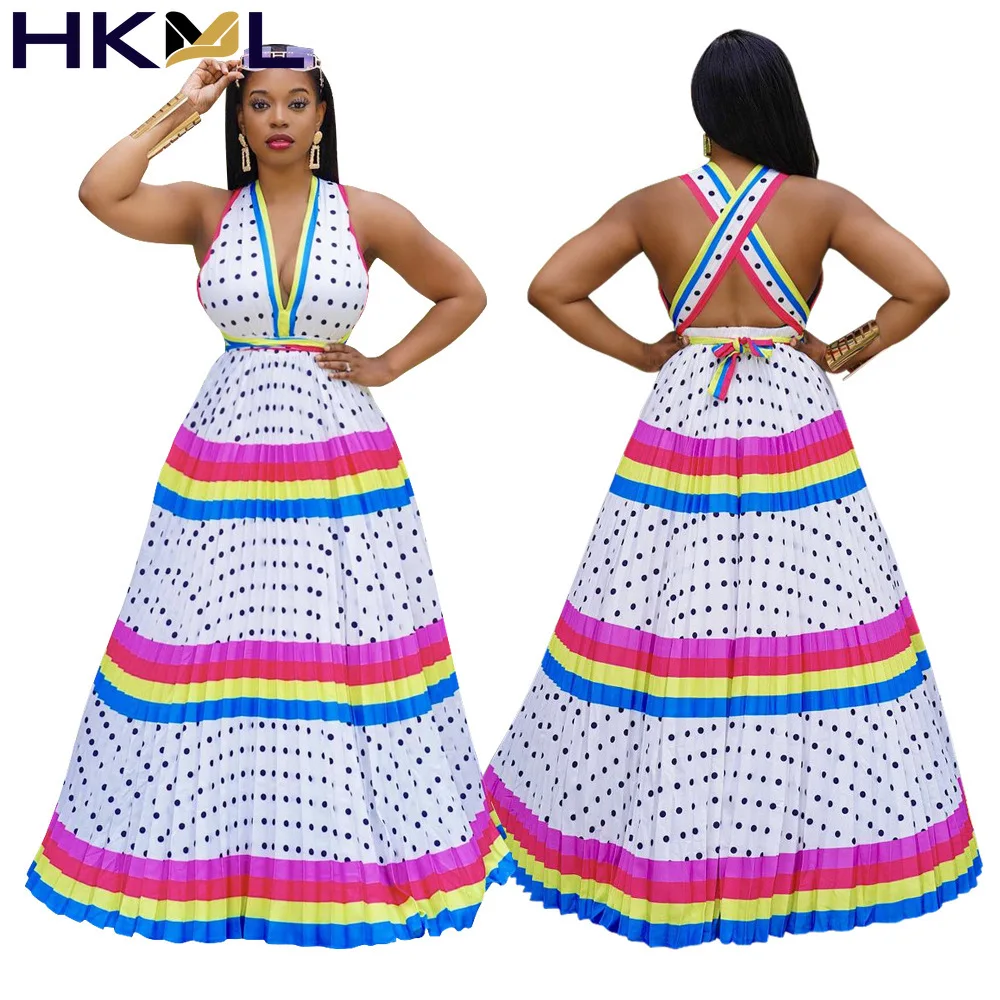 

Women Dresses Pleated Striped Polka Dot Print Deep V Neck Sleeveless Summer Bohemian Holiday Dresses