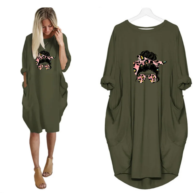 

Plus Size 5XL Ladies Midi Dress Loose Leopard Cartoon Girl Print Autumn Long Sleeve O Neck Party Club Vestidos Robes Streetwear