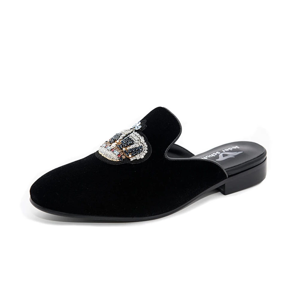 Повседневные мужские замшевые шлепанцы с короной и стразами Черные лоферы