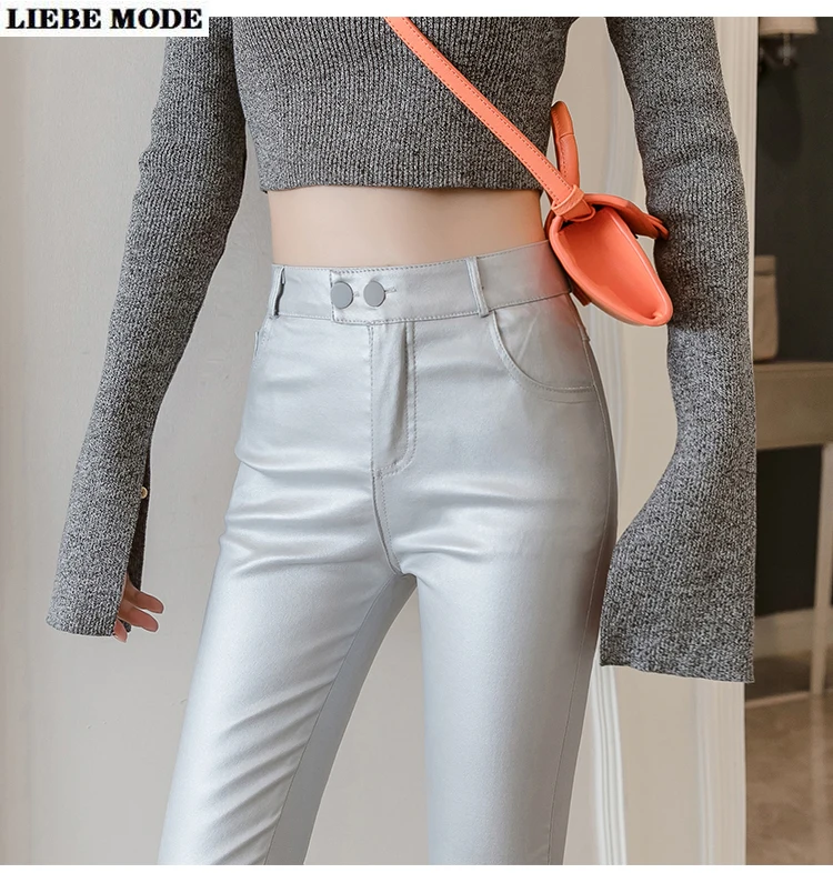 

Women‘’s Black Red Silver Leather Pencil Pants Women High Waist Leggings with Pockets Fashion Faux Pu Leather Stretch Leggins