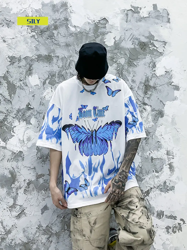 

Butterfly Fire Flame Print Tees Shirts Streetwear Hip Hop Casual Short Sleeve Tshirts Men Harajuku Hipster Fashion Tops