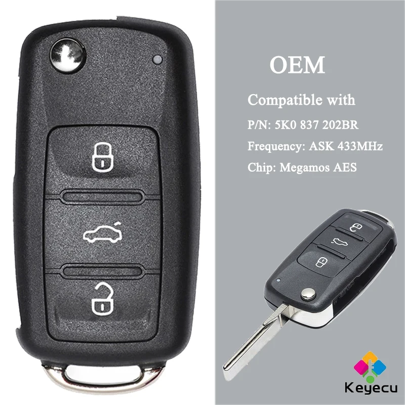 

KEYECU OEM Flip Remote Control Car Key With 3 Buttons ASK 433MHz Megamos AES Chip - FOB for Volkswagen 5K0 837 202BR 5K0837202BR