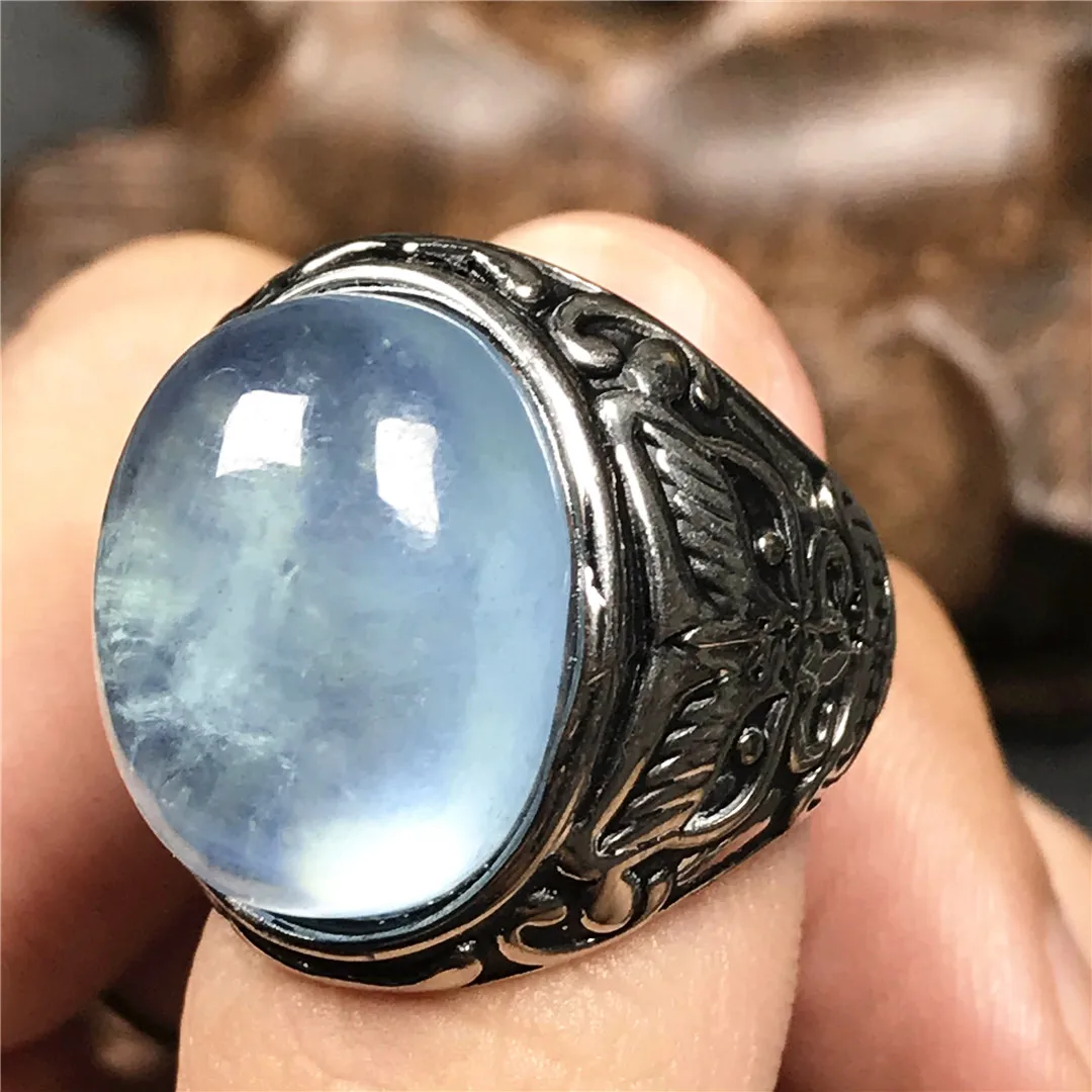 Natural Ocean Blue Aquamarine Ring Jewelry For Man Gift Healing Silver Crystal 18x14mm Oval Beads Stone Adjustable AAAAA | Украшения и