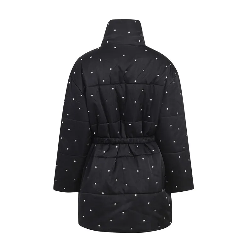 New Loose Belt Winter Jacket Elegant Water Drill Waist Cotton Clothing Women Long H09143